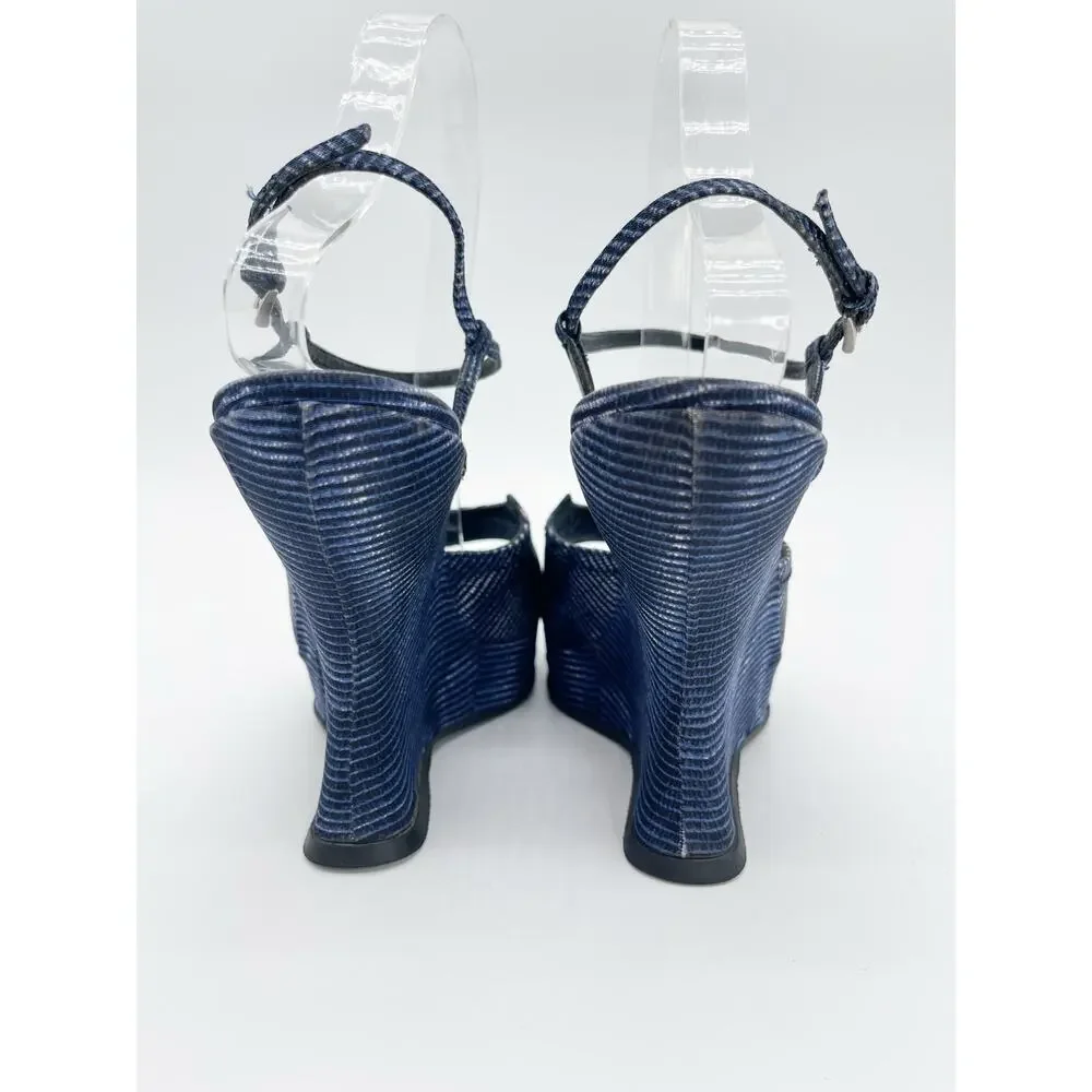 Prada Vintage Fall 2004 Runway Blue Wavy Striped Platform Wedge Sandals IT 40